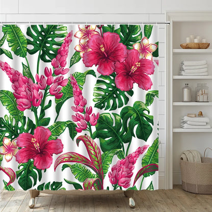 Ensemble Rideau de Douche Tropical Floral et Tapis-Déco Exotique