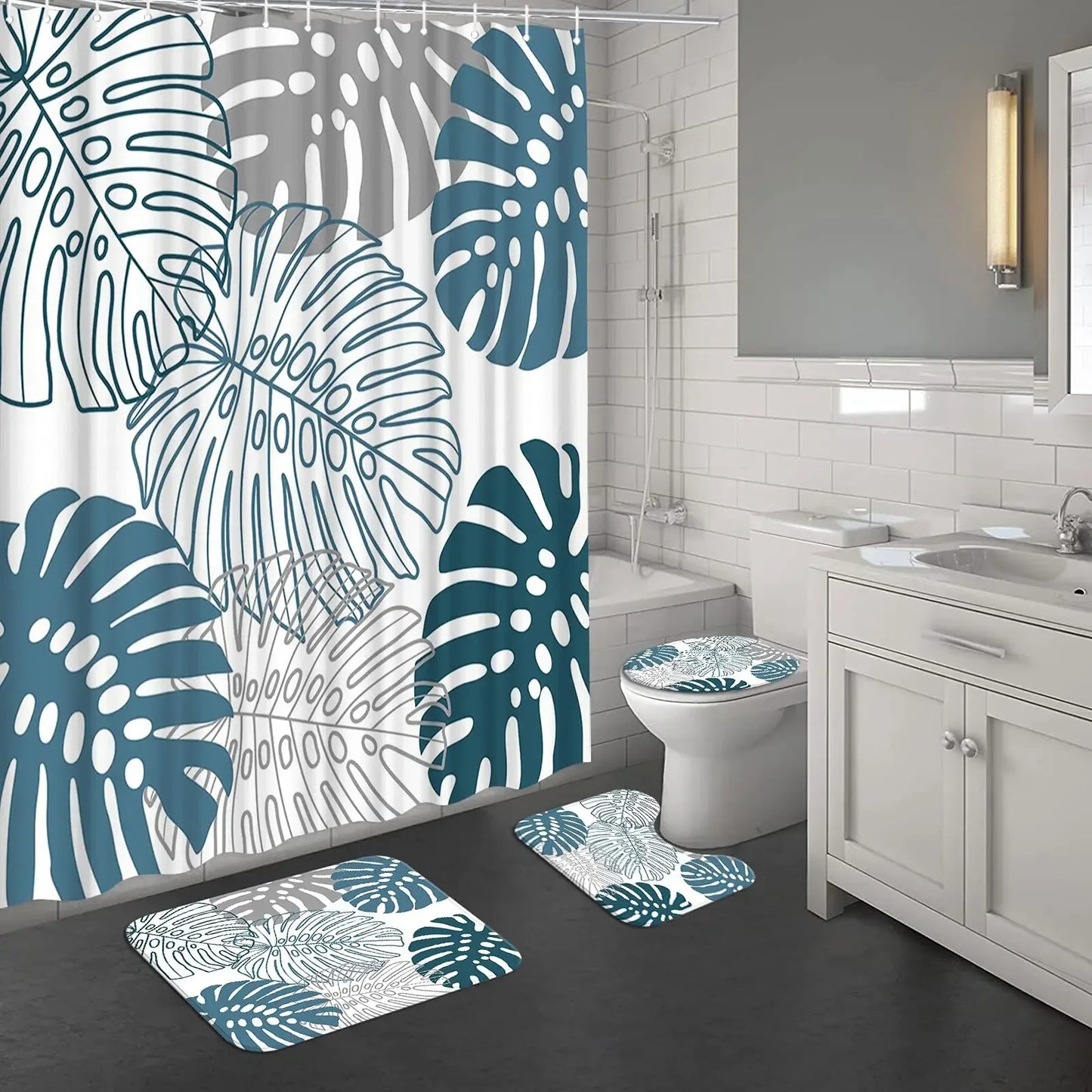 Rideau de douche Tropical Bleu Gris et Tapis-Déco Exotique
