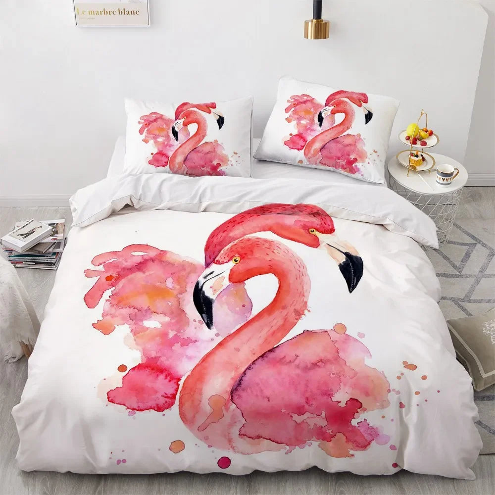 Housse de Couette Tropical Blanche et Flamant Rose Déco-exotique.fr