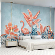 Papier peint Tropical Flamant Rose et Feuillage bleu Déco-exotique.fr
