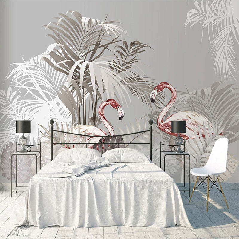 Papier peint Tropical Gris Flamant Rose Déco-exotique.fr