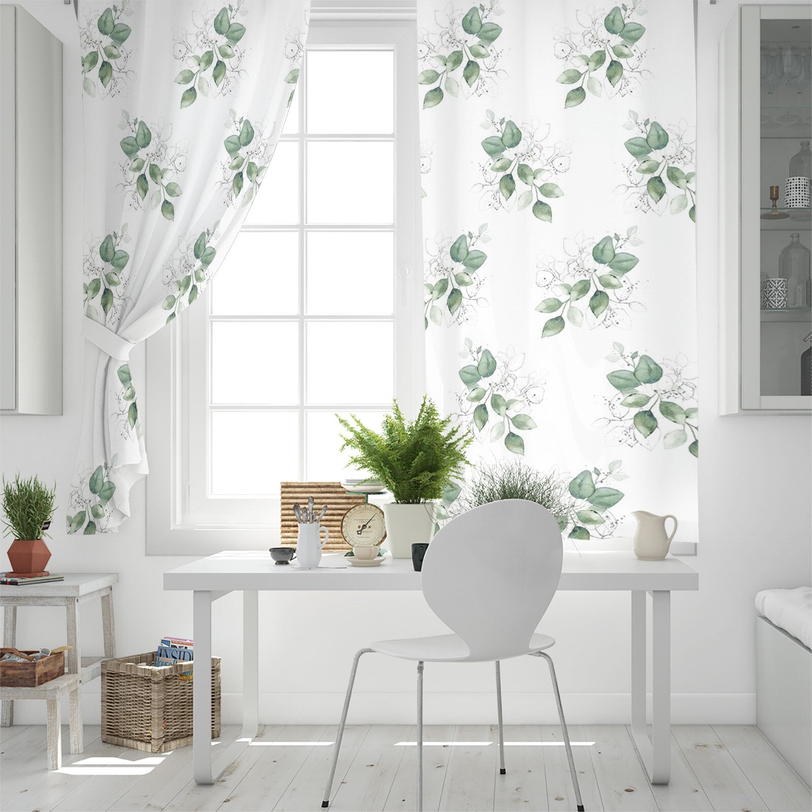 Rideau blanc Petites Feuilles vertes Déco-exotique.fr