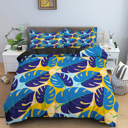 Housse de couette Monstera Bleu et Jaune Déco-exotique.fr