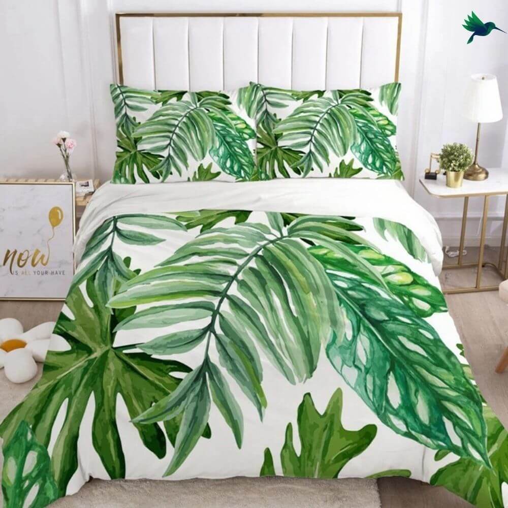 Housse de Couette Tropical Blanche et Verte -Déco-exotique.fr