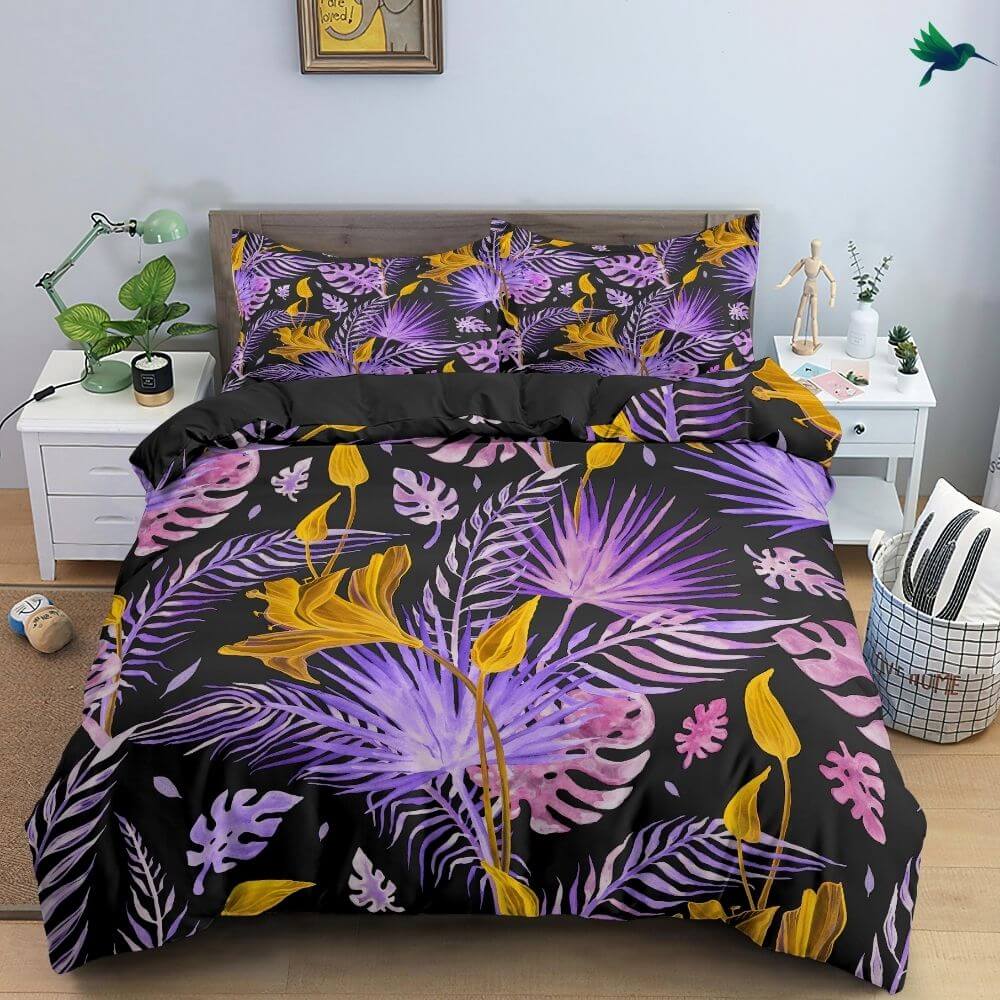 Housse de Couette Tropical Violet et Noir - Déco-exotique.fr