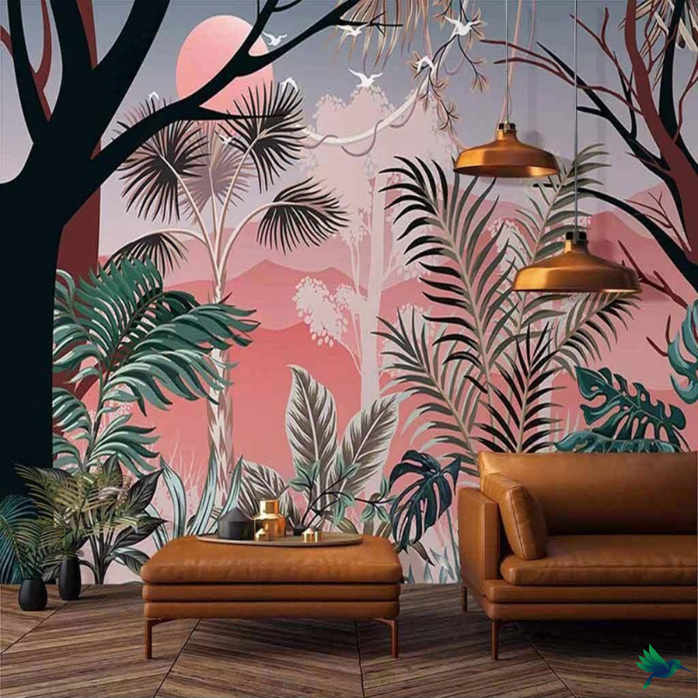 Papier peint Jungle vert et rose Déco-exotique.fr