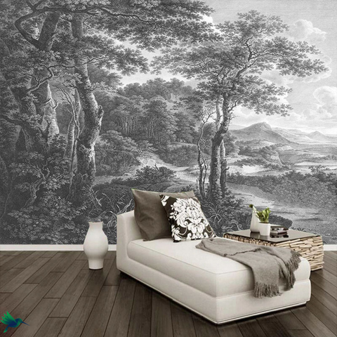 Papier peint Panoramique Forêt noir et blanc Déco-exotique.fr