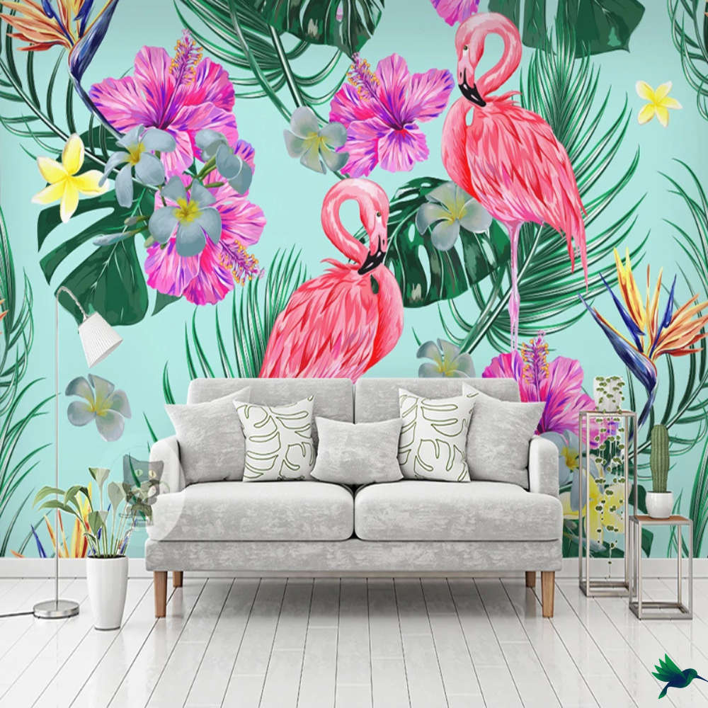 Papier peint turquoise Flamant rose Déco-exotique.fr