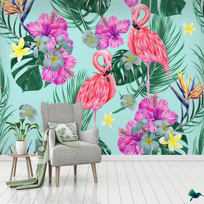 Papier peint turquoise Flamant rose Déco-exotique.fr