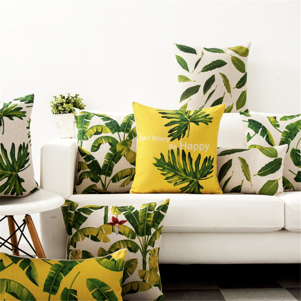 Coussin Tropical jaune et vert Déco-exotique.fr