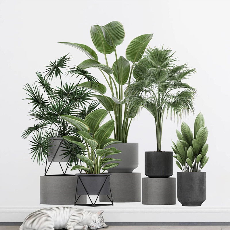 Autocollants muraux plantes vertes en pot, 3 pièces/ensemble