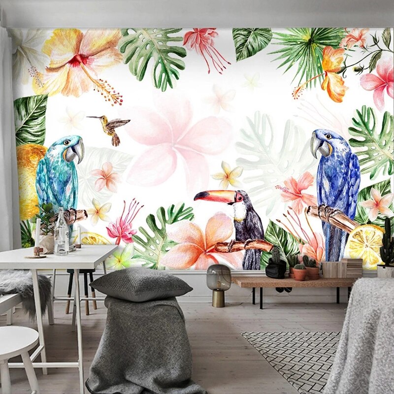 Papier peint Tropical avec oiseaux Déco-exotique.fr